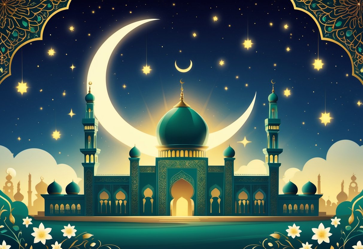 A peaceful night scene with a crescent moon above a glowing mosque surrounded by floral patterns and stars.