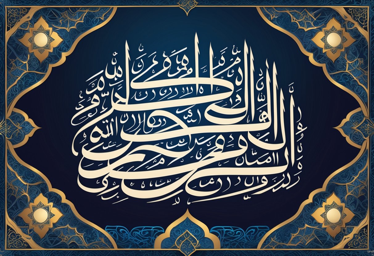 An intricate design featuring flowing Arabic calligraphy surrounded by geometric and floral patterns in blue and gold tones.