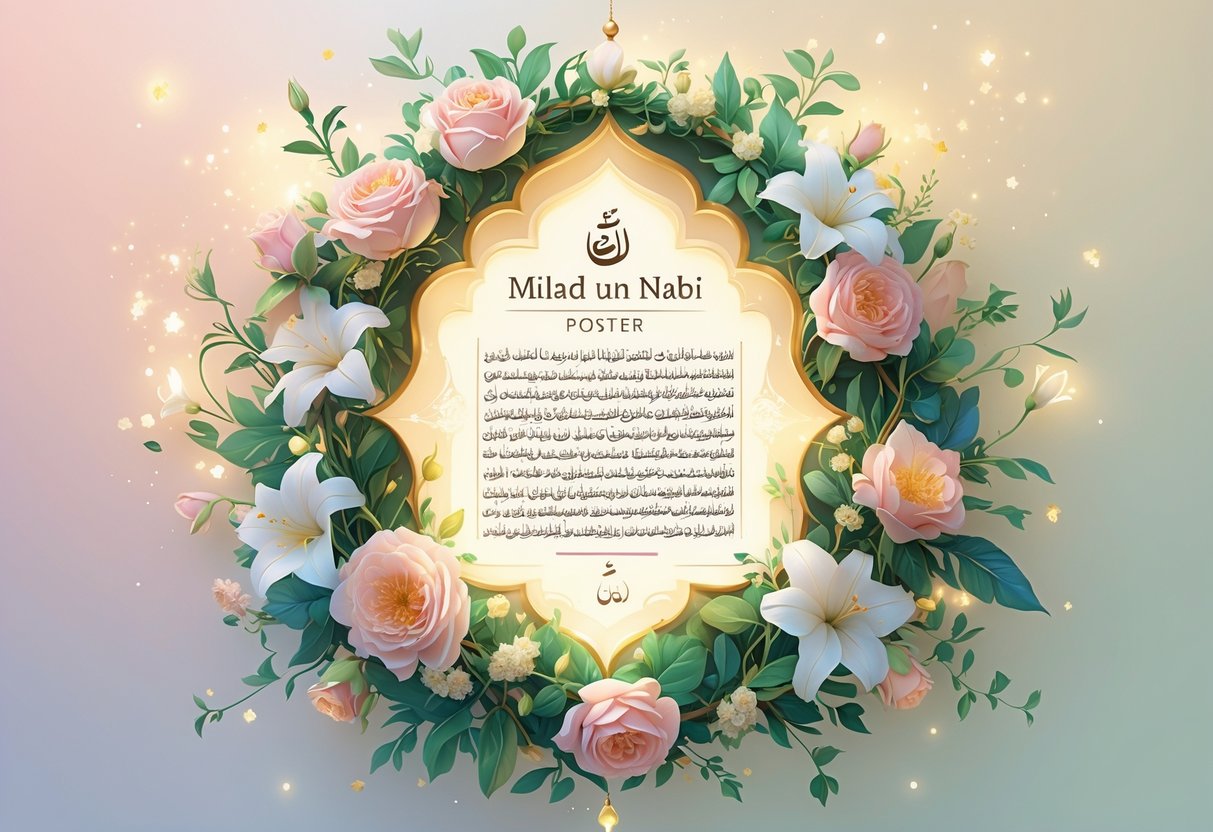 A decorative floral frame with vibrant flowers and green leaves surrounding an empty central space, set against a soft pastel background.