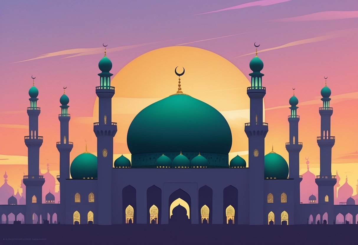 Silhouette of the Prophet’s Mosque with its green dome and minarets against a colorful sunset sky.