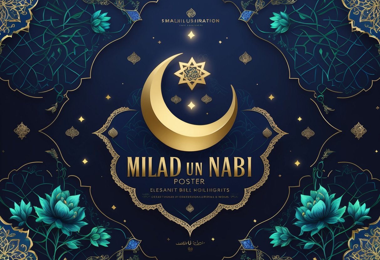 An ornate illustration featuring a crescent moon and star surrounded by intricate geometric and floral patterns with gold accents, symbolizing a festive religious celebration.