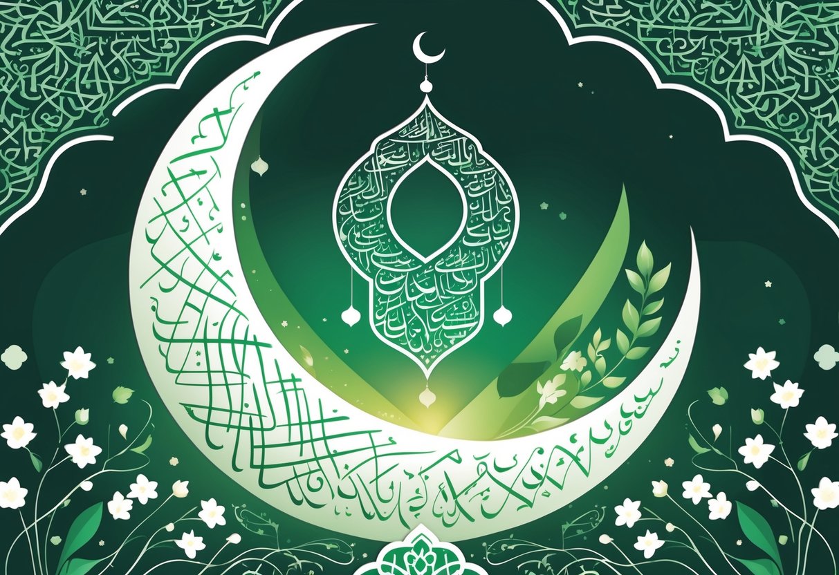 A green and white themed illustration with Islamic geometric patterns, a crescent moon and star, and floral motifs symbolizing a religious celebration.