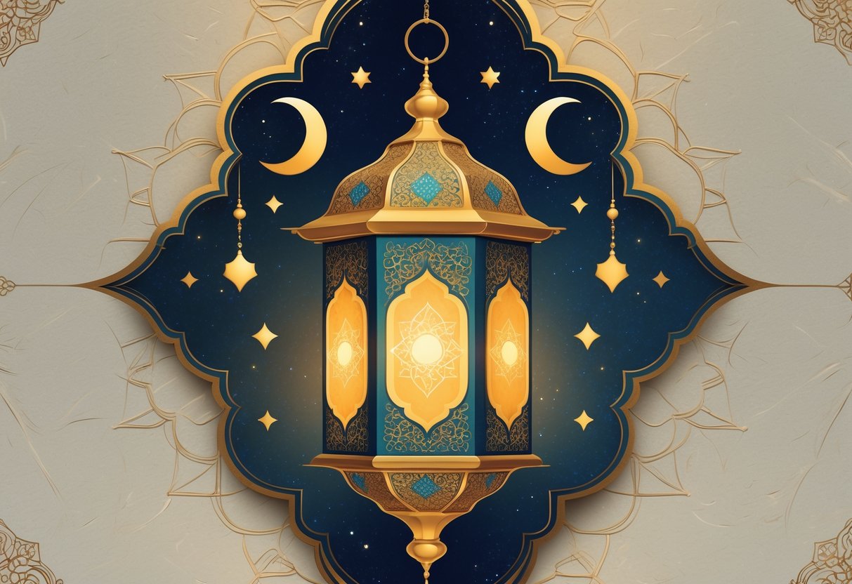 A traditional decorative lantern surrounded by crescent moons and stars with intricate patterns and a softly textured background.