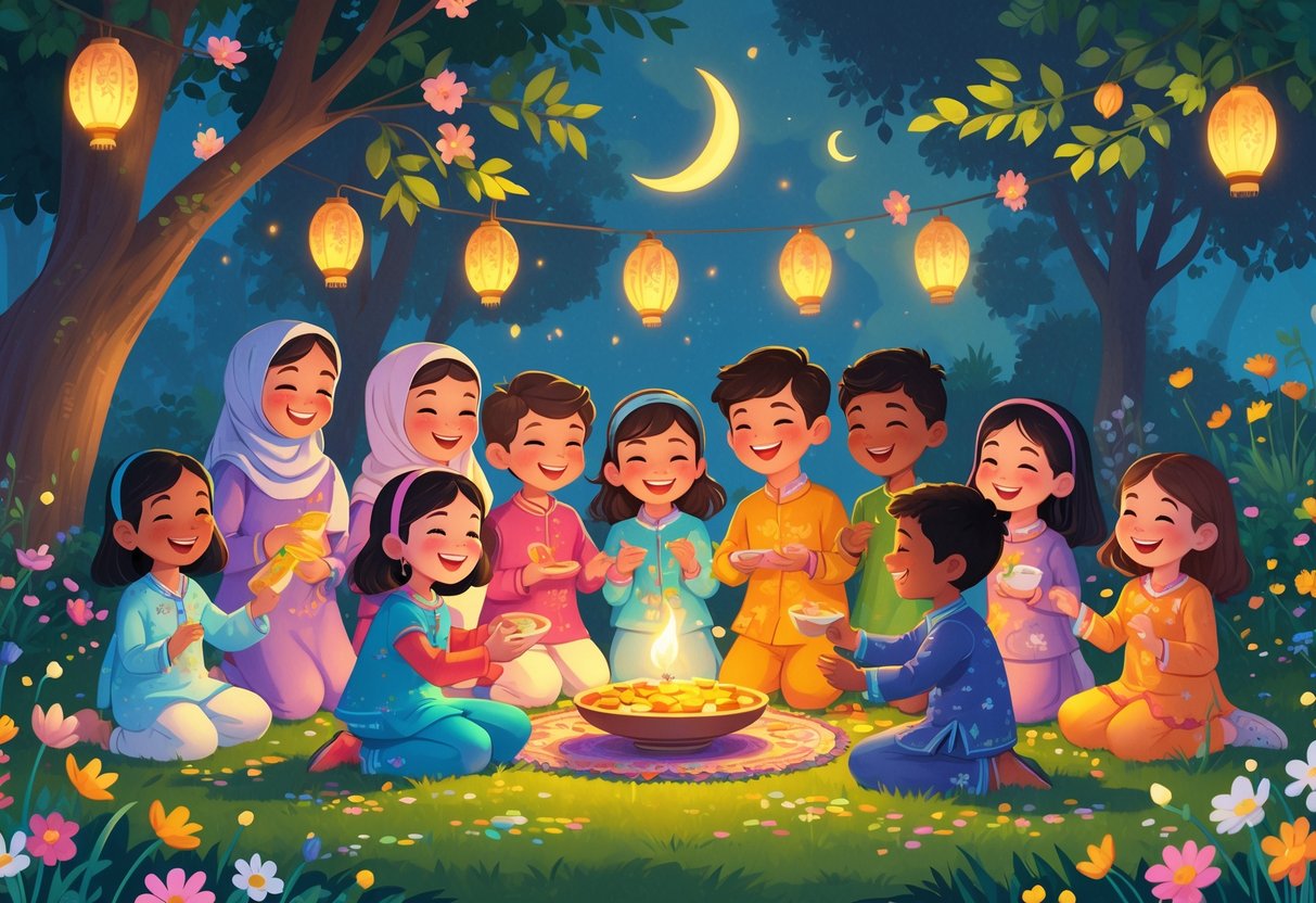 Children dressed in traditional clothing celebrating outdoors with decorations, sharing sweets, and lighting lamps during a festive gathering.