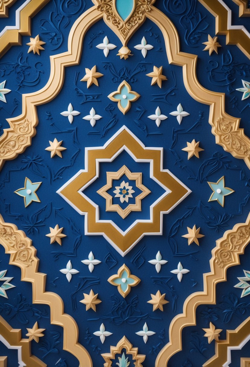 Close-up view of an ornate Islamic geometric wallpaper pattern with blue, gold, and white colors.