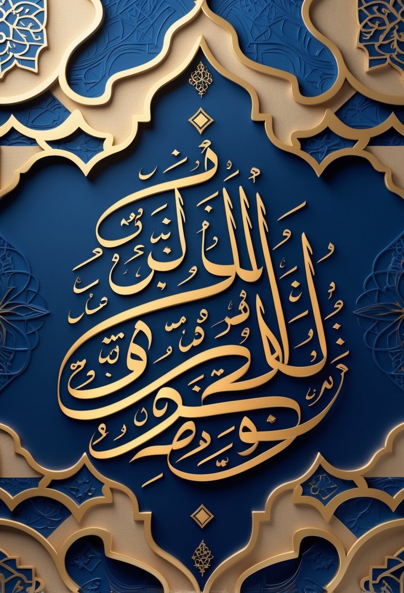 An intricate pattern of Arabic calligraphy forming a decorative Islamic wallpaper design with geometric motifs.