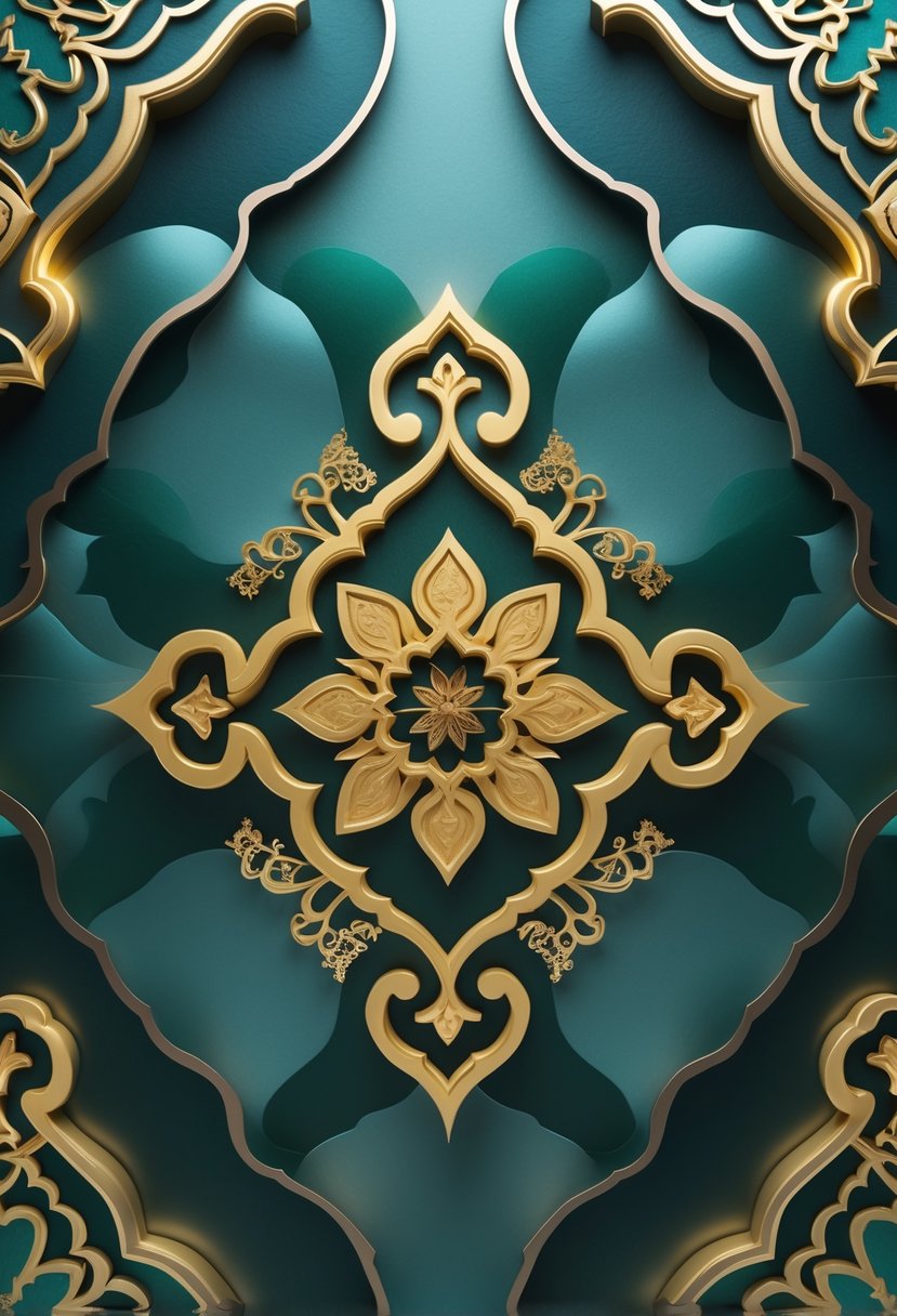 An ornate gold Islamic pattern with intricate geometric and floral designs on a dark green and teal background.