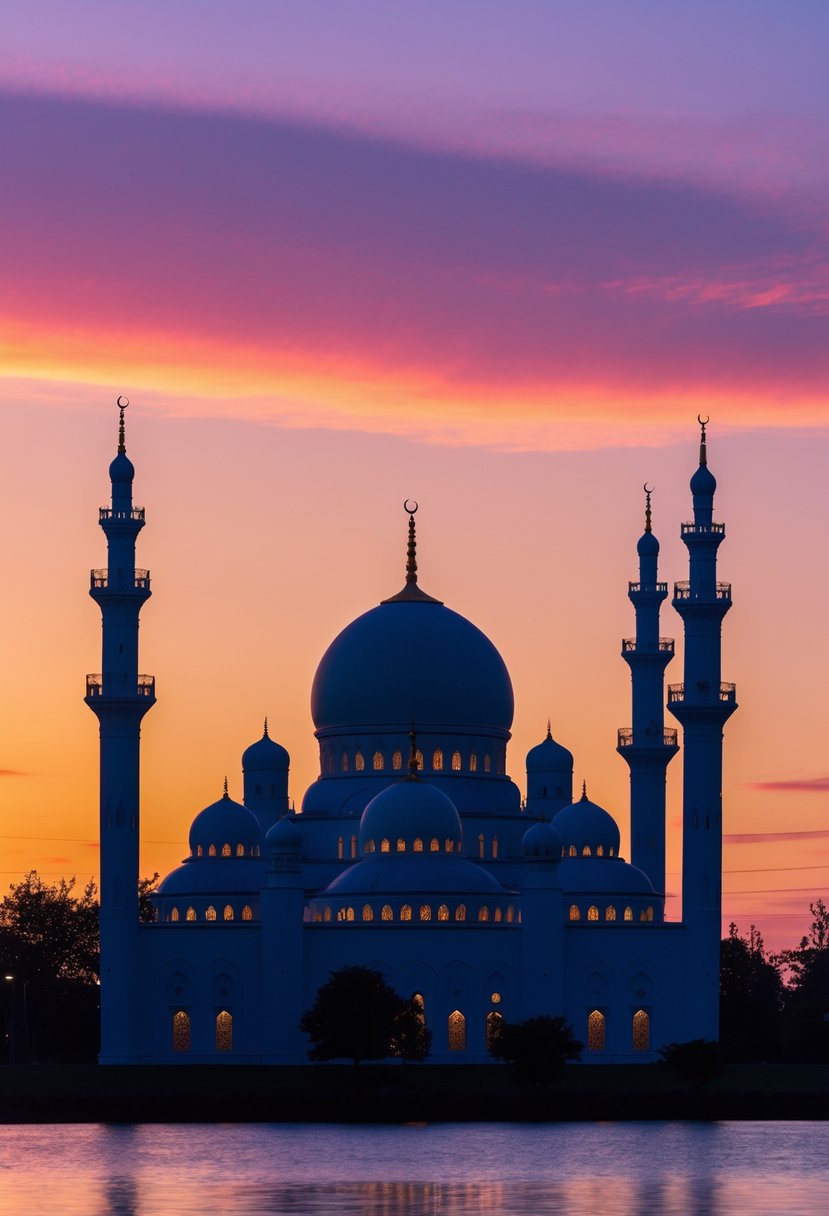 Silhouette of a mosque with domes and minarets against a colorful sunset sky.