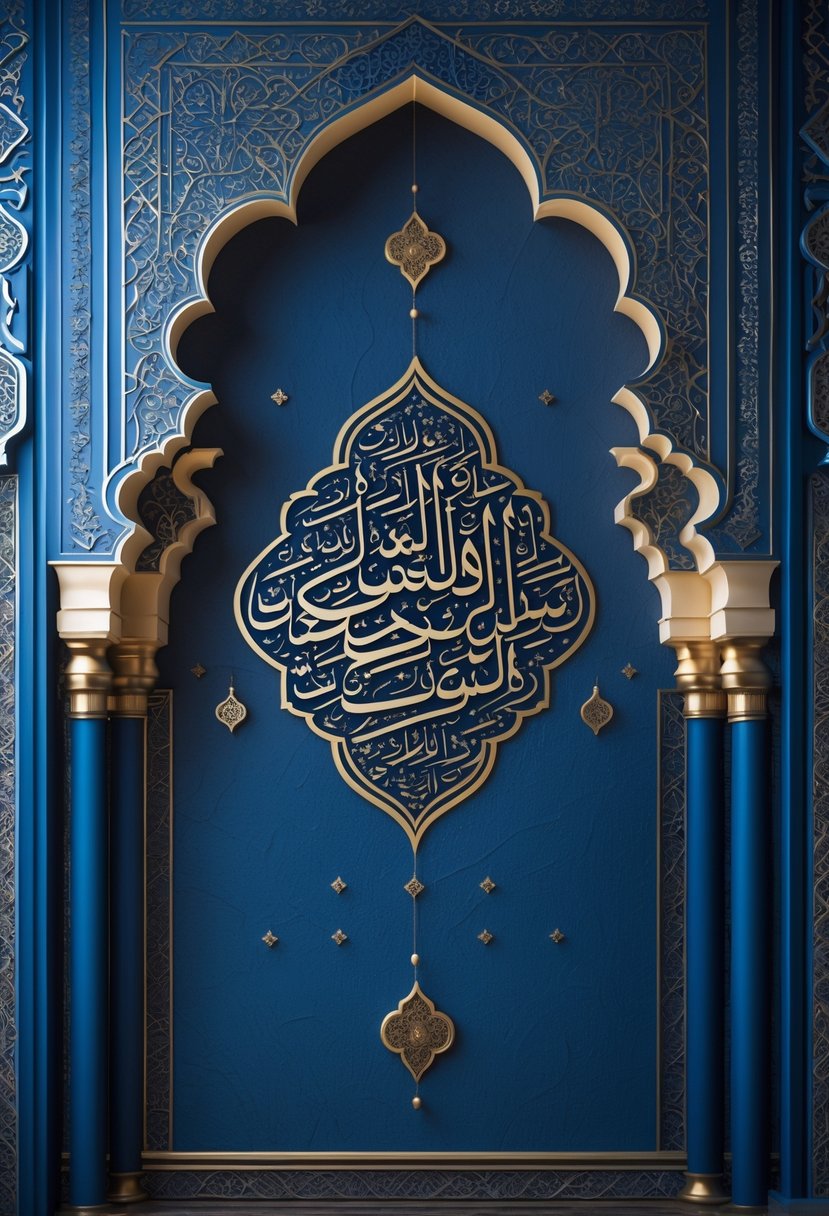 An ornate Islamic wallpaper with intricate geometric patterns and arabesque designs in blue and gold tones.