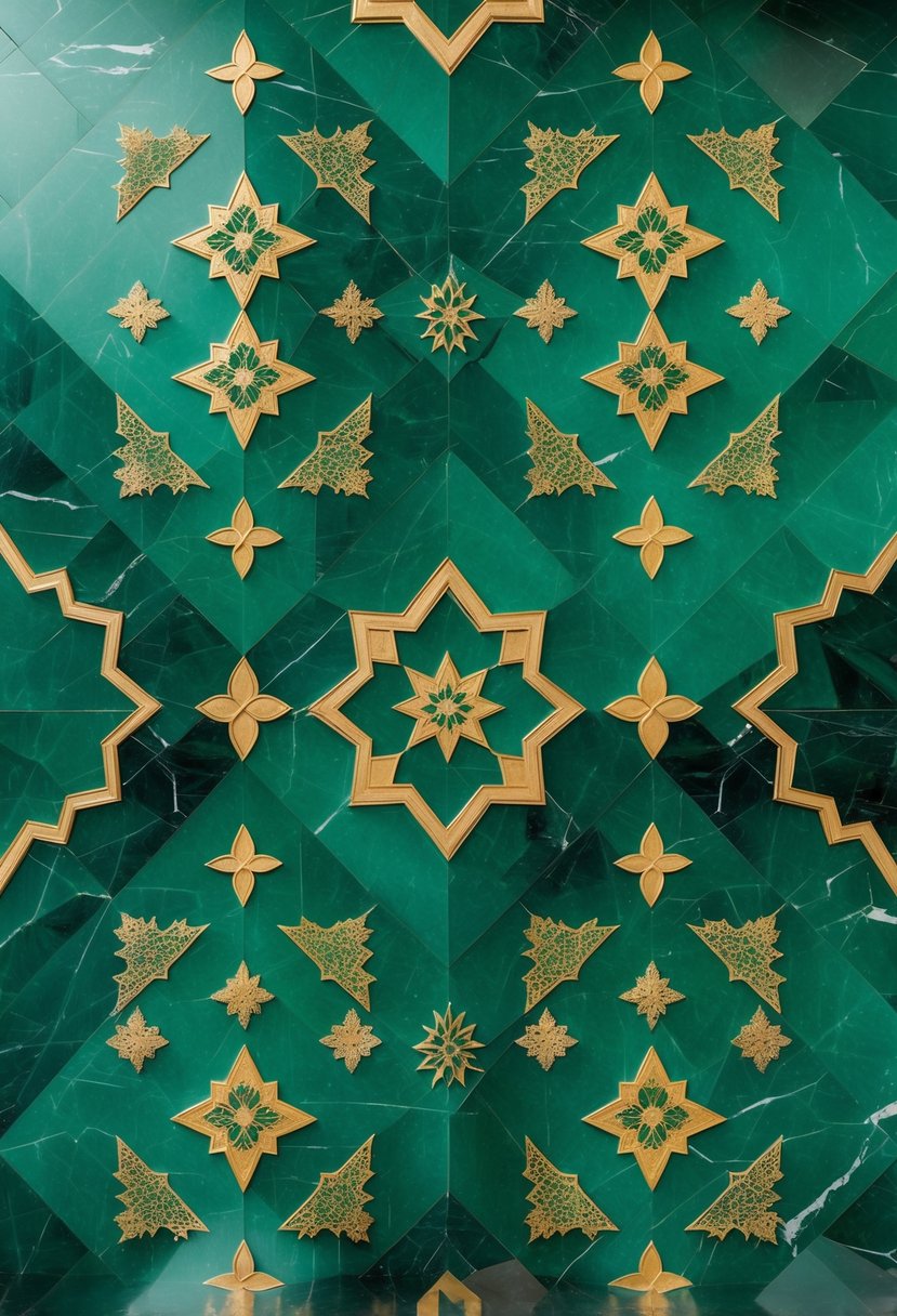 A green marble surface with intricate Islamic geometric patterns in shades of green and gold.