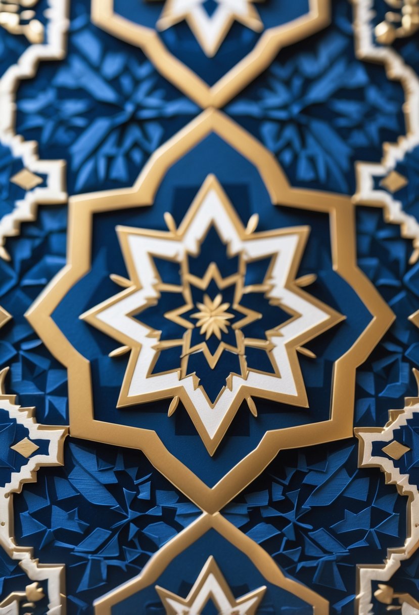 A detailed wallpaper featuring an intricate repeating geometric pattern with star and polygon shapes in blue, gold, and ivory colors.