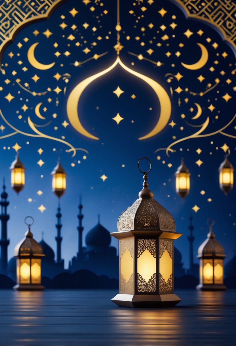 A peaceful night scene with Islamic lanterns, crescent moons, stars, and mosque silhouettes against a dark blue patterned background.