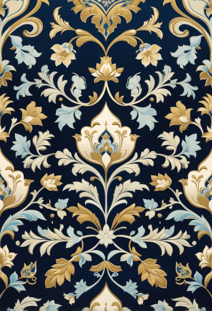 A detailed floral patterned wallpaper with symmetrical, interlacing leaves and flowers in rich colors.