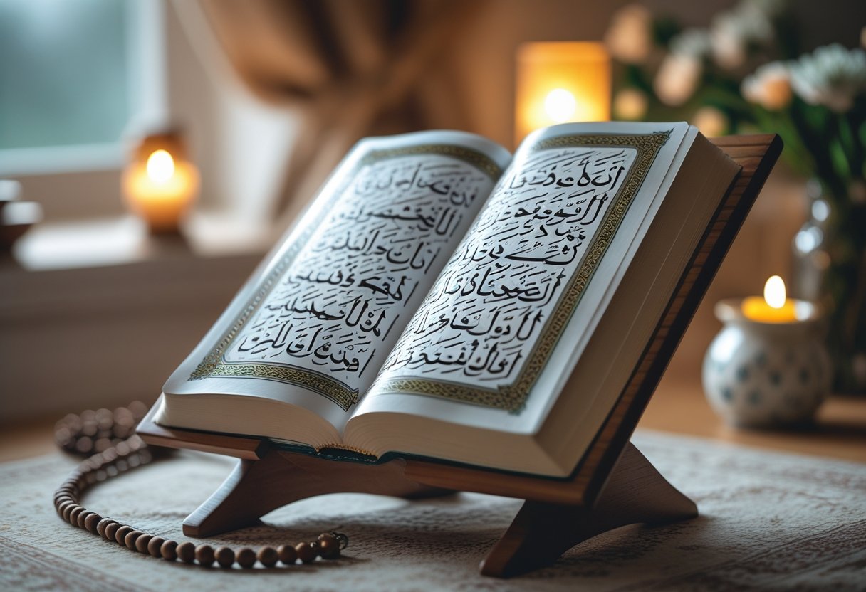 An open Quran on a wooden stand with Arabic calligraphy, surrounded by prayer beads and flowers in a softly lit room.