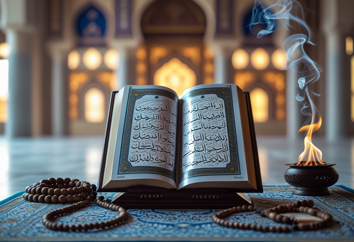 An open Quran showing Arabic script on a wooden stand with prayer beads and incense in a softly lit mosque interior.