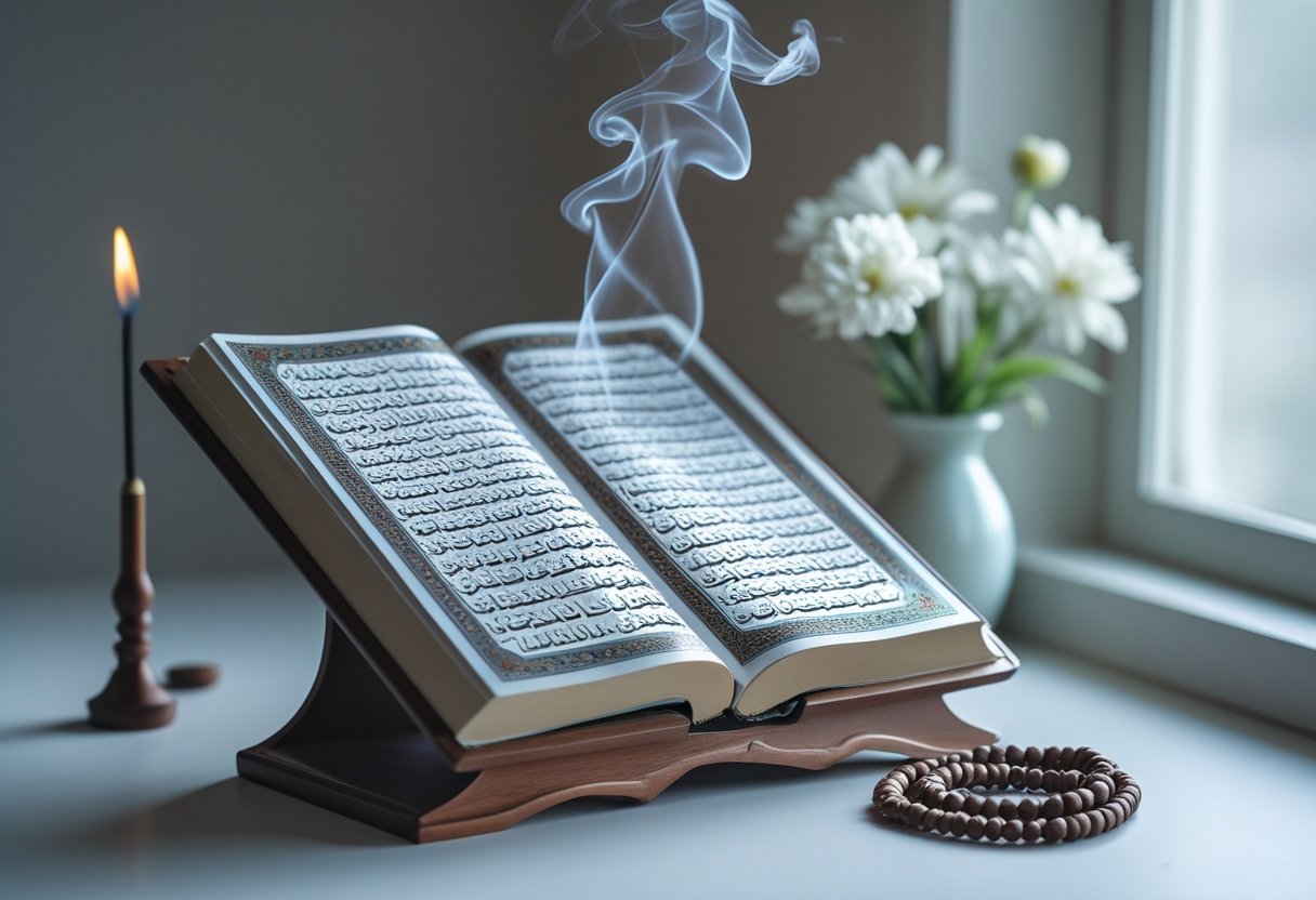 An open Quran on a wooden stand with prayer beads and a lit incense stick nearby in a peaceful, softly lit setting.