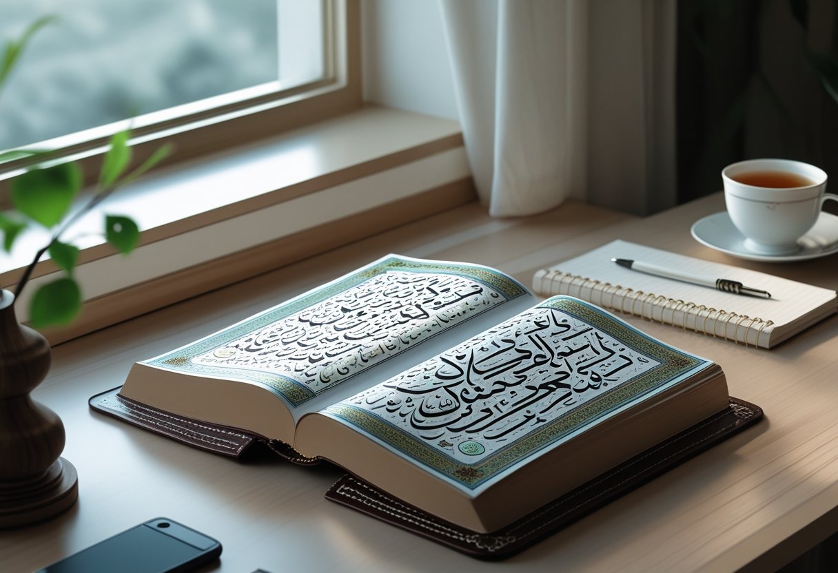 A peaceful workspace with an open Quran on a wooden stand, a notebook, pen, and cup of tea on a desk near a window with natural light.