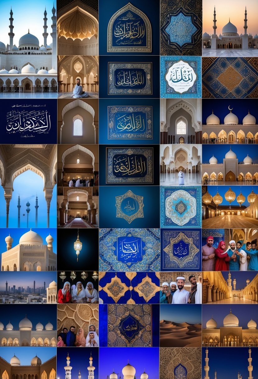 A diverse set of images showing Islamic mosques, calligraphy, people praying, traditional patterns, celebrations, and cultural scenes.