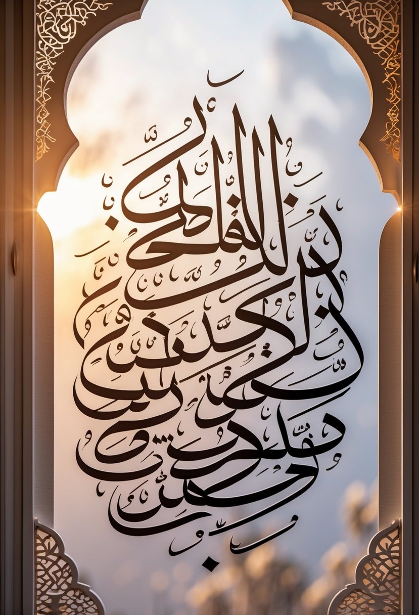 An elegant calligraphy artwork inspired by Surah Al-Fatiha with ornate Arabic script and decorative patterns on a warm, softly lit background.