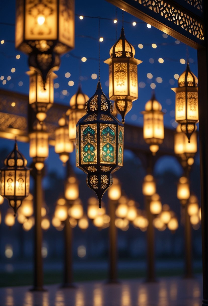 A night scene with traditional Ramadan lanterns glowing warmly under a starry sky.