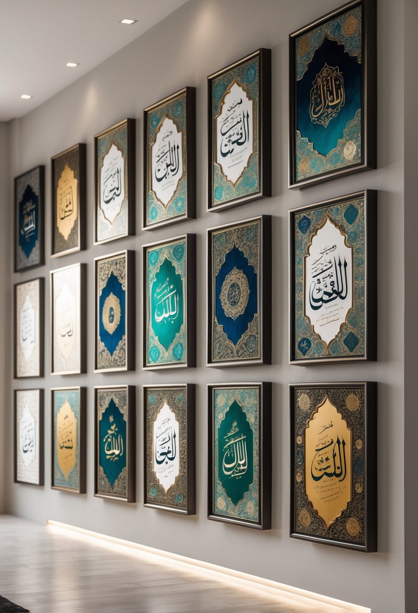 A gallery wall displaying twenty framed Islamic calligraphy artworks with intricate geometric and floral designs.