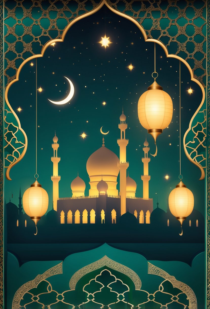 A peaceful scene with Islamic geometric patterns, traditional lanterns, a mosque silhouette, crescent moon, and stars at night.