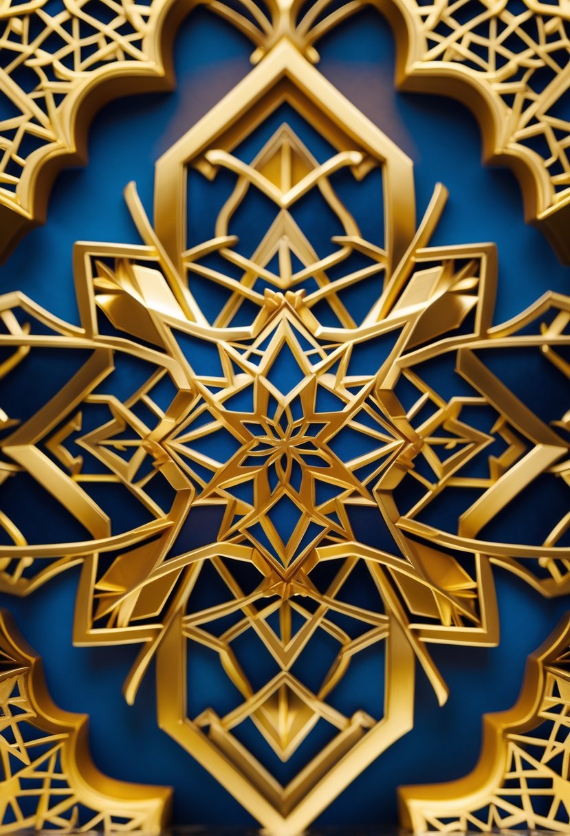 A detailed golden geometric pattern with star shapes and interlacing lines on a dark background.