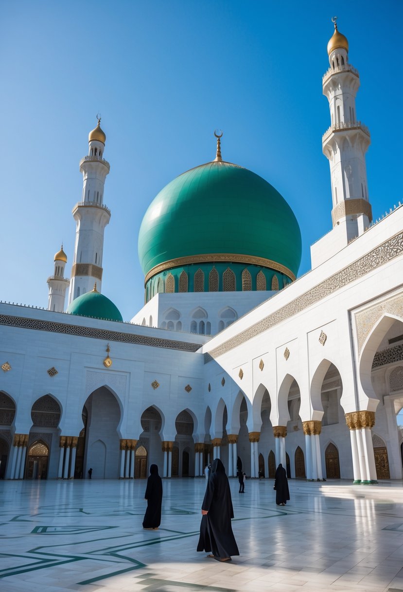 Exterior view of Masjid Nabawi showing its green dome, minarets, and courtyard with visitors.