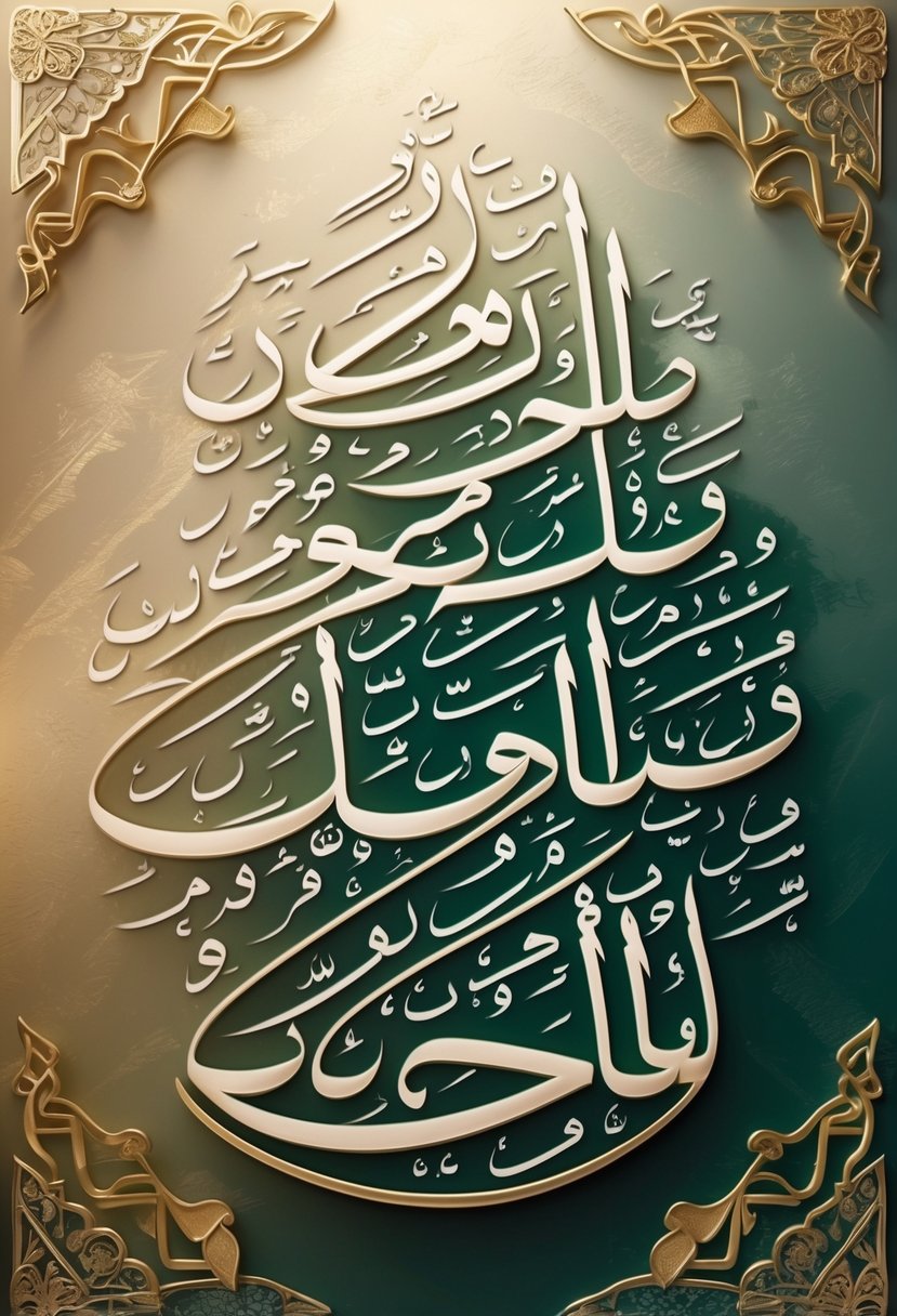 An artistic poster showcasing intricate Arabic calligraphy with decorative floral and geometric patterns.
