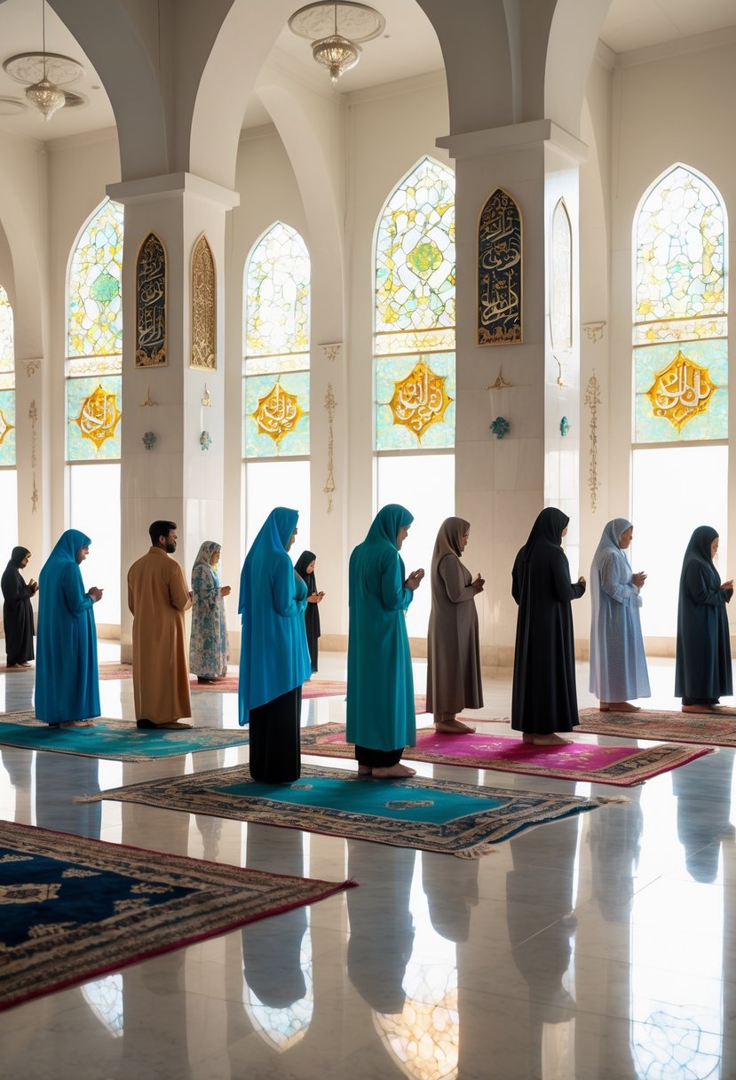 People praying together inside a mosque with sunlight coming through stained glass windows.