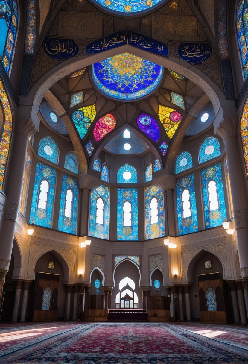 Interior of a mosque with colorful stained glass windows, ornate arches, and detailed Islamic decorations.