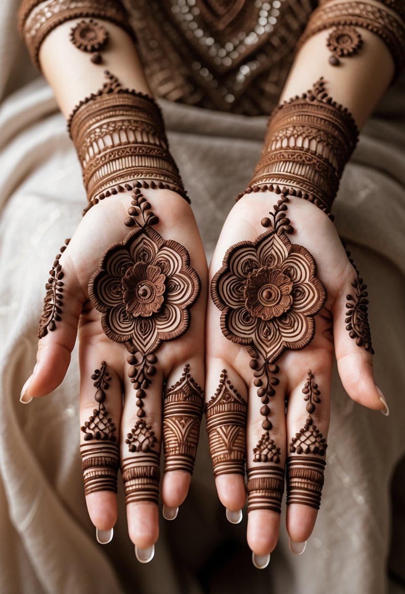 Close-up of hands decorated with detailed henna designs featuring geometric and floral patterns.