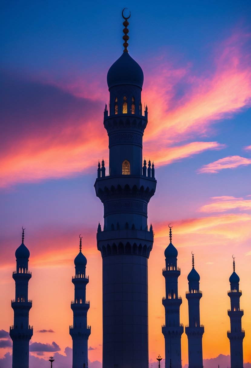 Silhouettes of Islamic minarets set against a colorful dusk sky with orange, pink, and purple tones.
