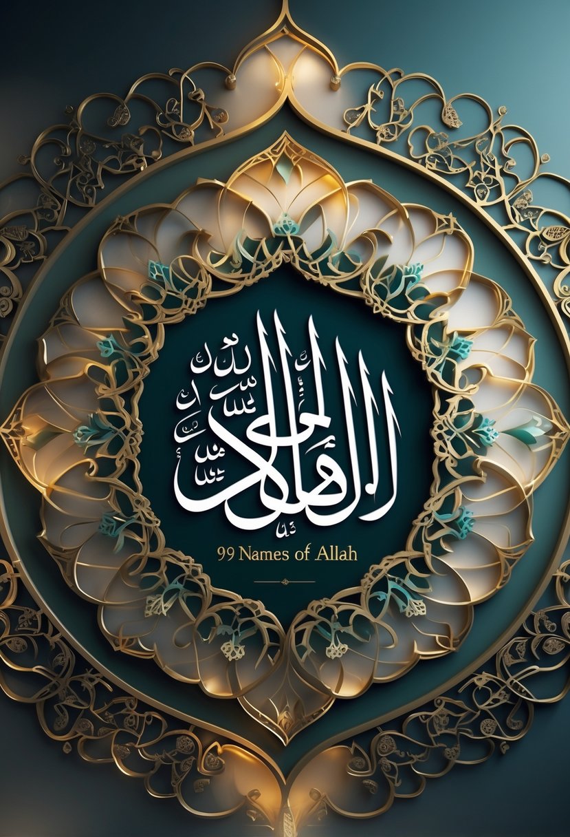 An intricate circular Arabic calligraphy artwork representing the 99 Names of Allah on a warm, rich background.