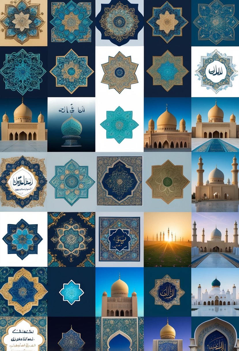 A collection of 20 diverse Islamic images featuring geometric patterns, Arabic calligraphy, mosque architecture, and scenes of prayer.