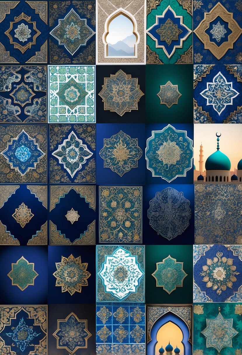 A collage of 15 images showing various Islamic geometric patterns, mosque architectural elements, and ornamental designs in rich colors.