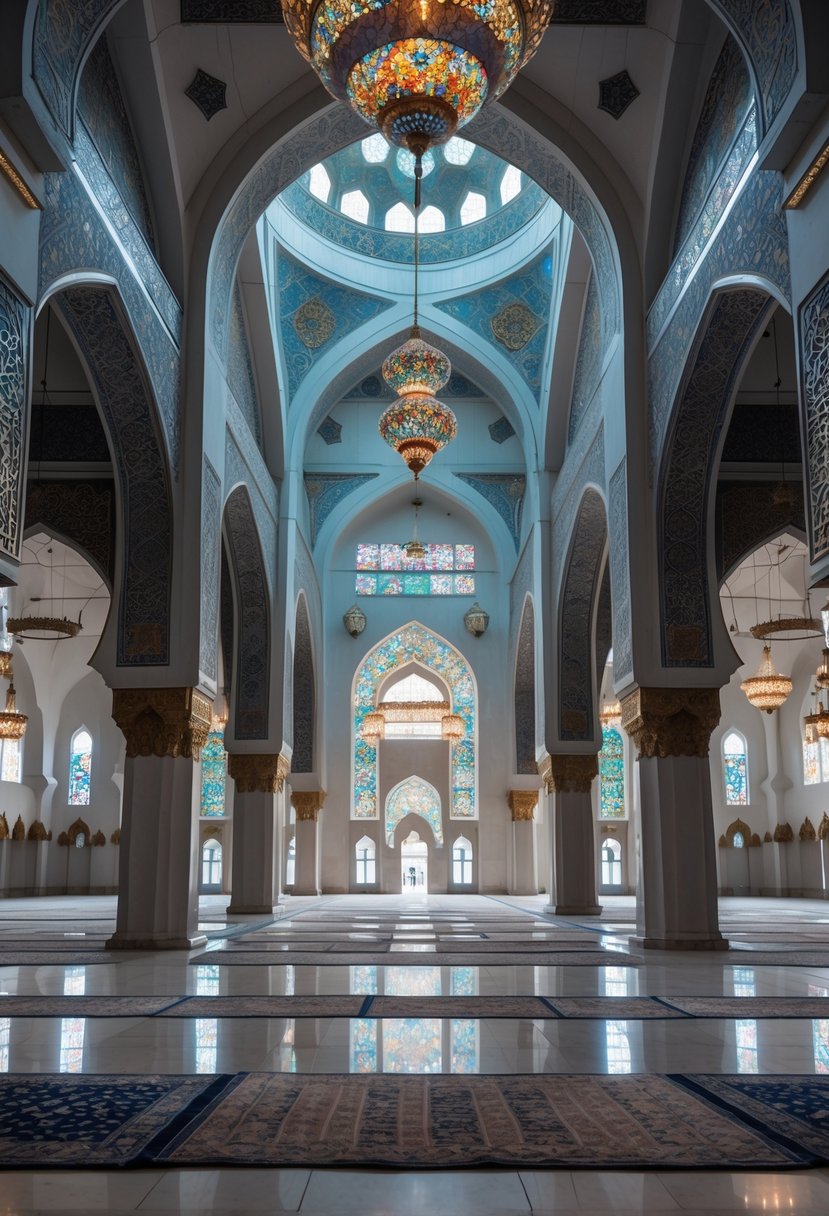 Interior of a grand mosque with ornate arches, geometric patterns, chandeliers, and colorful light from stained glass windows.