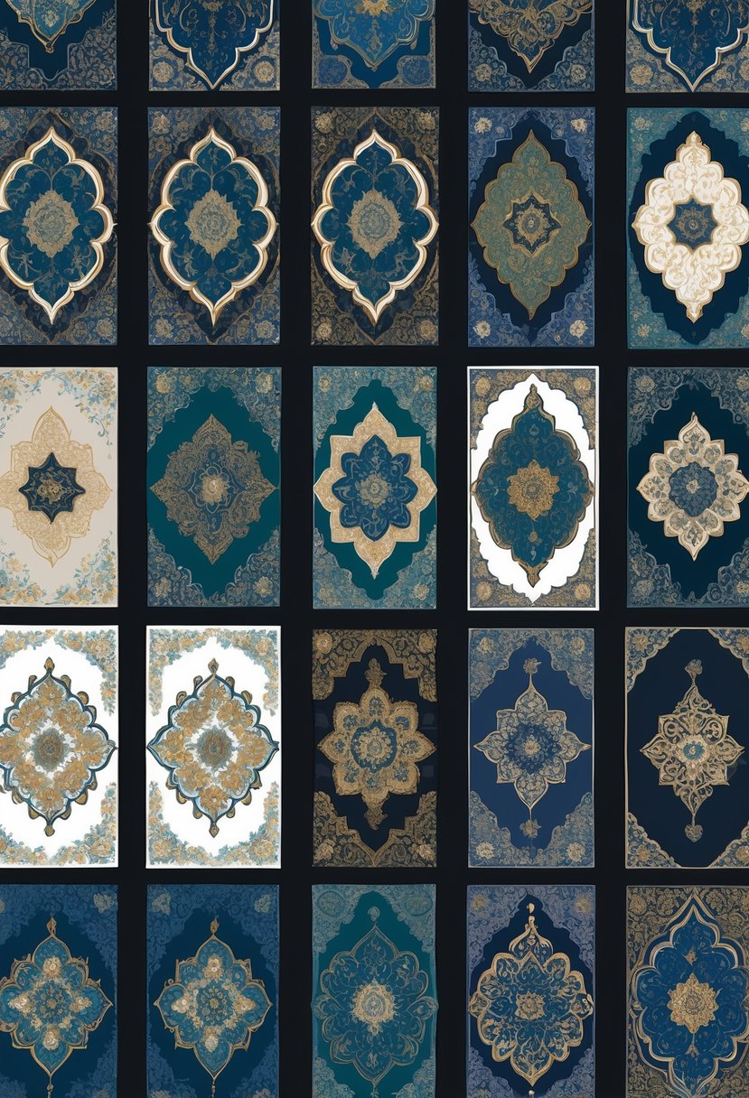 A collection of fifteen colorful floral patterned wallpapers featuring intricate symmetrical designs inspired by Islamic art, arranged in a neat grid.