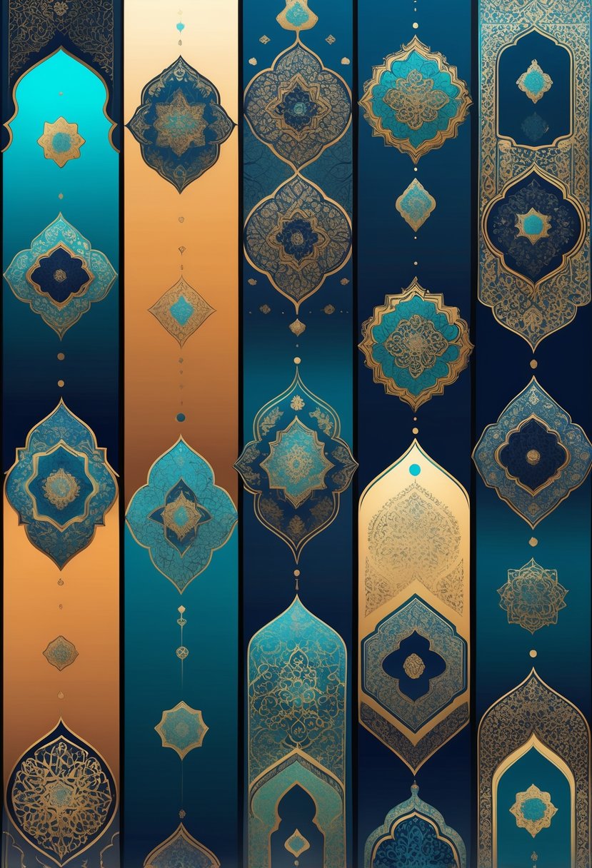 A set of 15 detailed abstract Islamic art backgrounds featuring geometric patterns and symmetrical designs in rich colors.