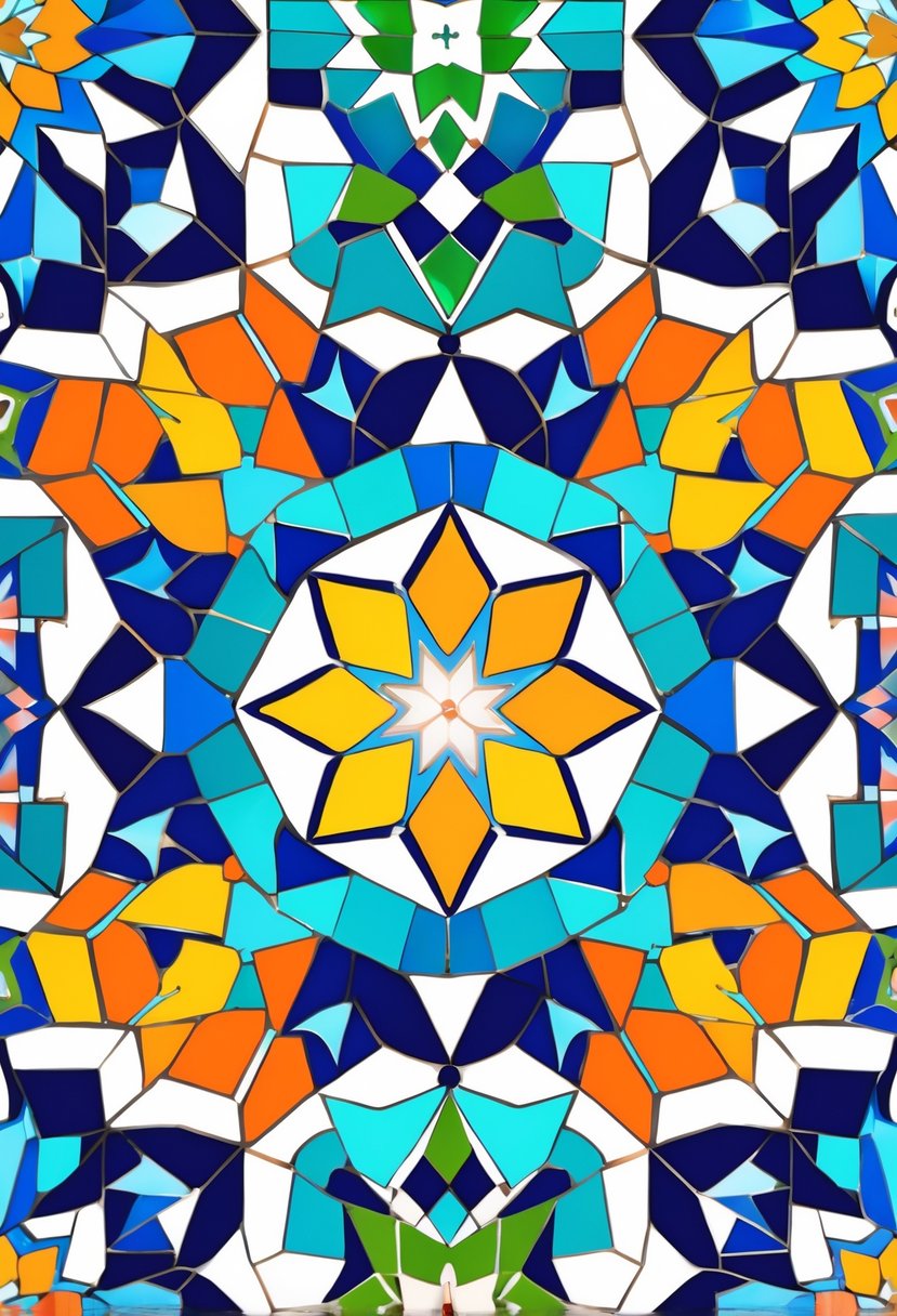 A colorful geometric mosaic tile pattern with intricate shapes and vibrant colors.