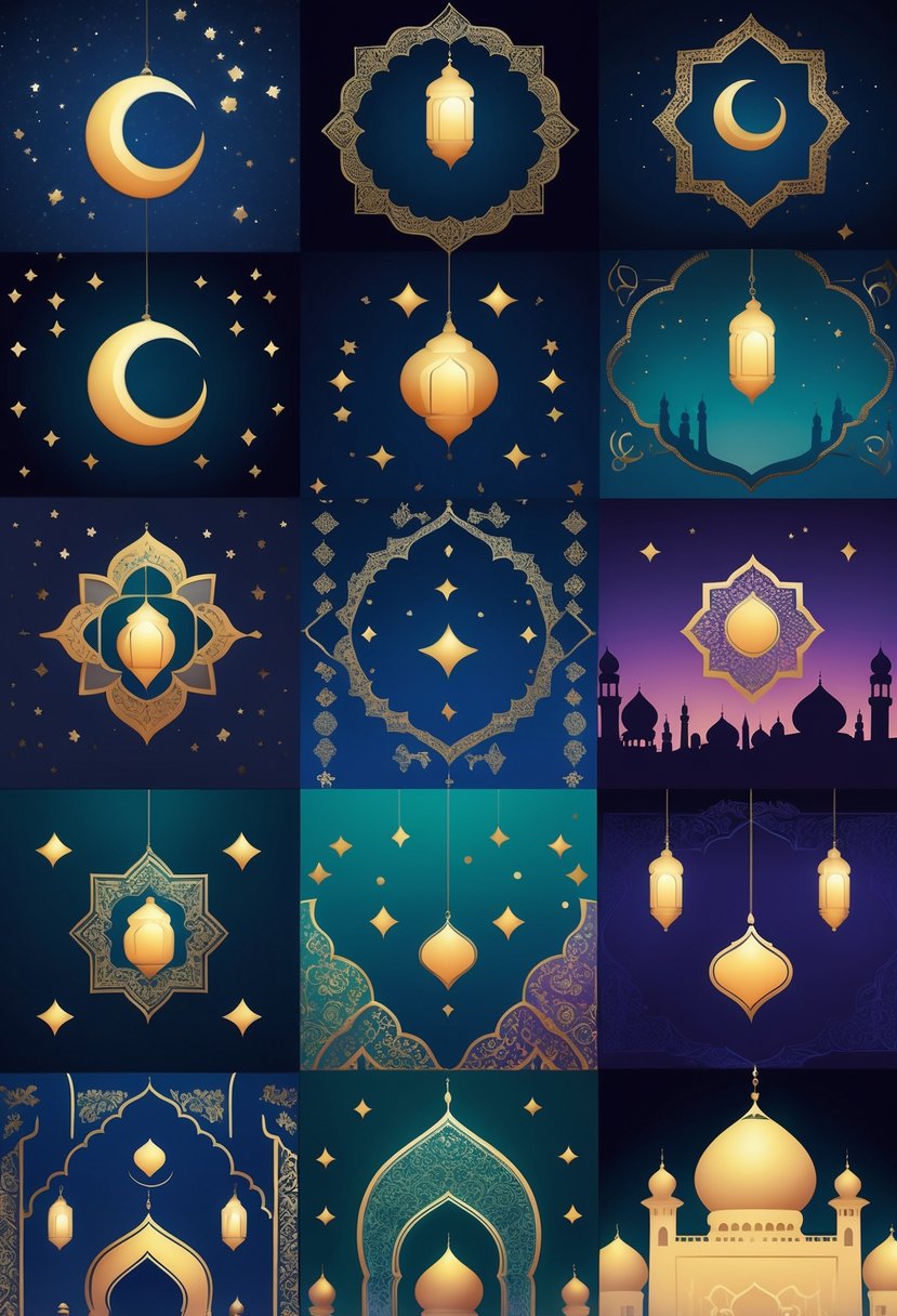 A collection of fifteen Islamic-themed backgrounds featuring crescent moons, stars, lanterns, mosque silhouettes, and intricate geometric patterns in rich, warm colors.