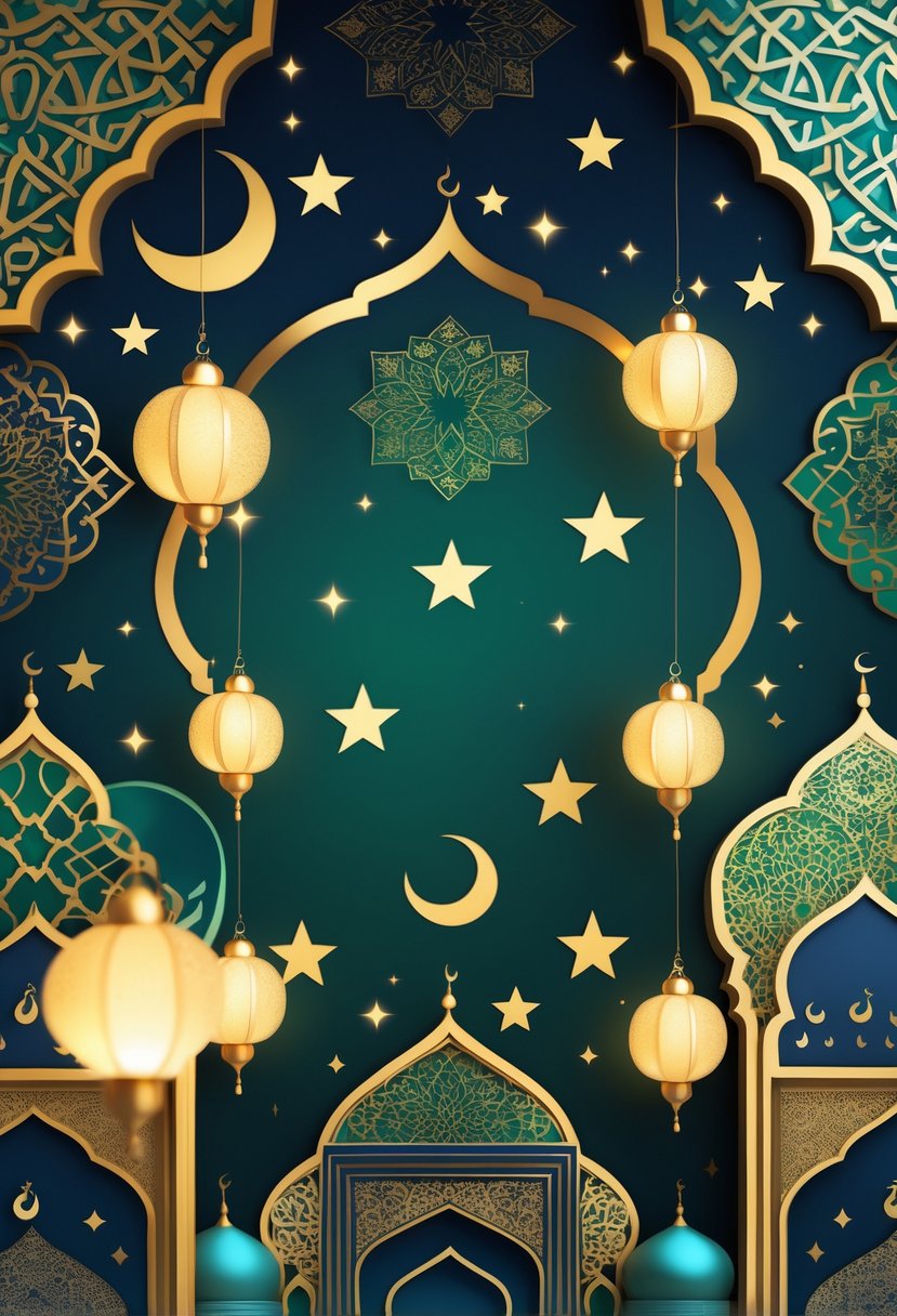 A colorful Eid celebration scene with Islamic patterns, crescent moons, stars, lanterns, and architectural elements.
