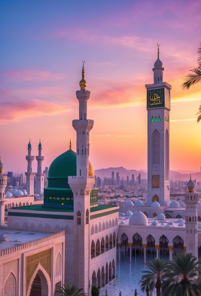 Panoramic view of Medina and Mecca skylines featuring mosques, minarets, and the Abraj Al Bait Clock Tower under a colorful sunset sky.