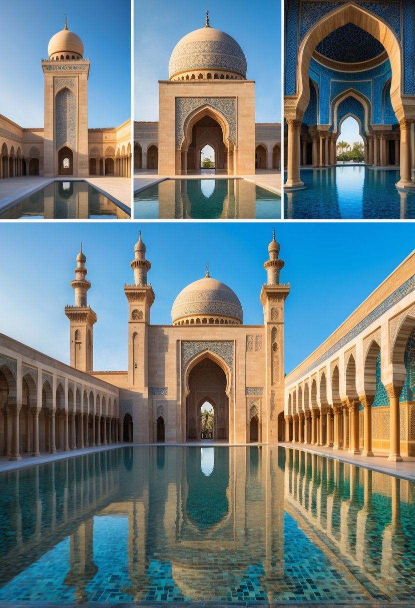 A series of images showing various Islamic architectural elements including domes, minarets, arches, and decorative patterns.