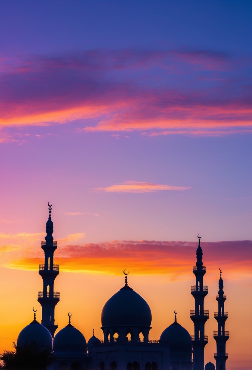 Silhouettes of several mosques with domes and minarets against a colorful sunset sky.