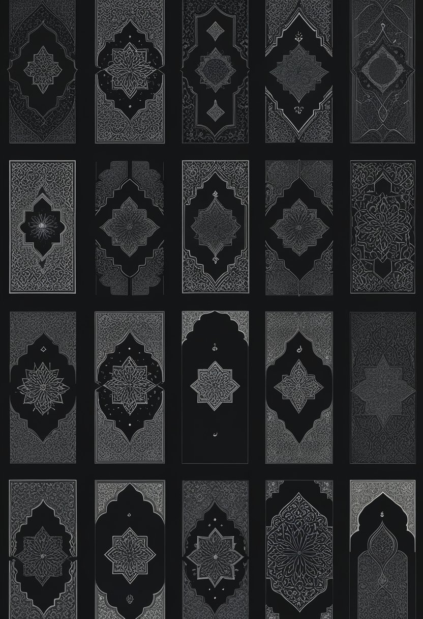 A collection of 15 black Islamic wallpapers featuring intricate geometric and arabesque patterns arranged together.