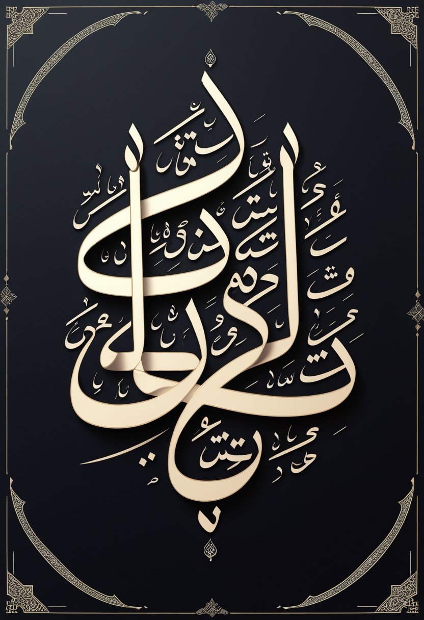 An elegant Arabic calligraphy design with intricate ornamental patterns on a black background.