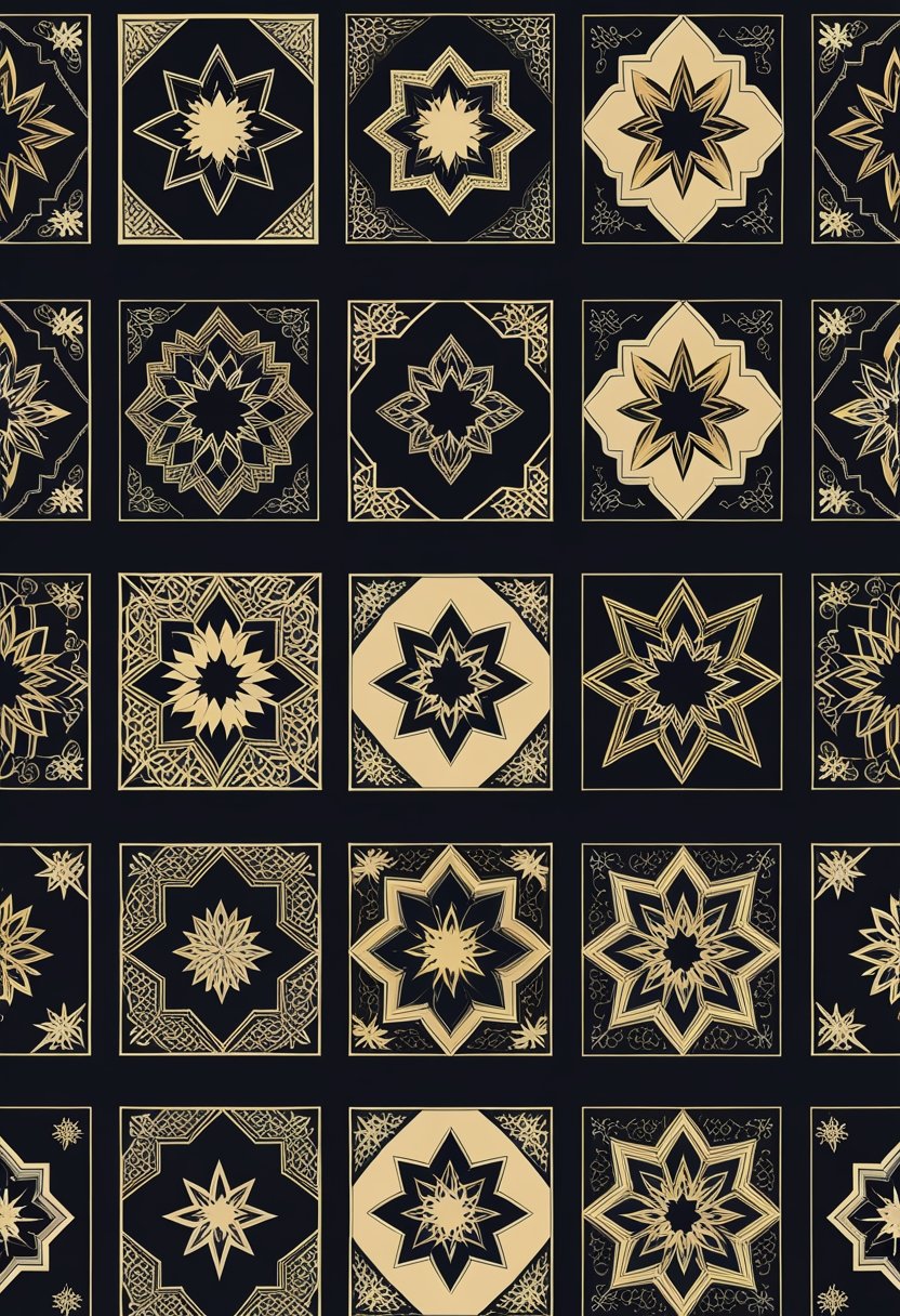 Fifteen intricate geometric patterns in black and gold arranged in a grid.