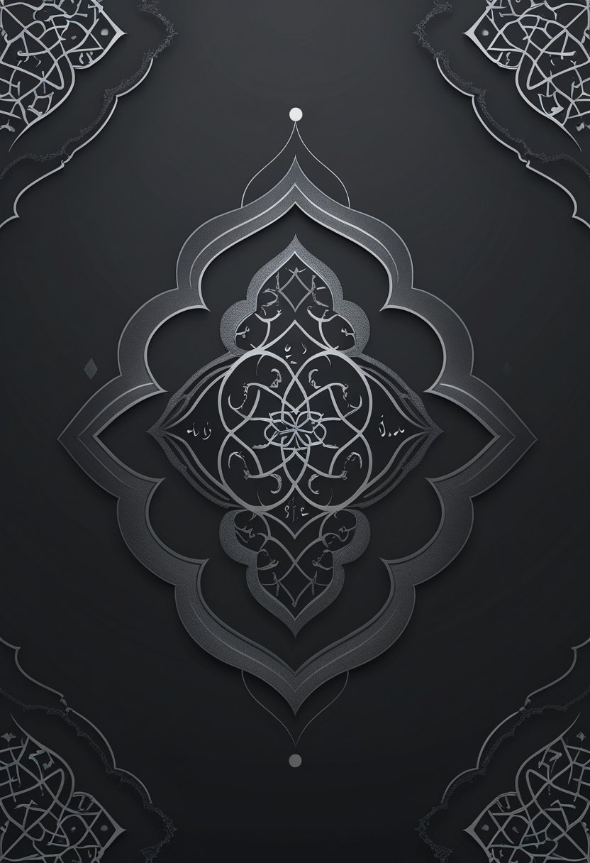 A black wallpaper with a central intricate Islamic geometric pattern surrounded by subtle dark gray arabesque designs.