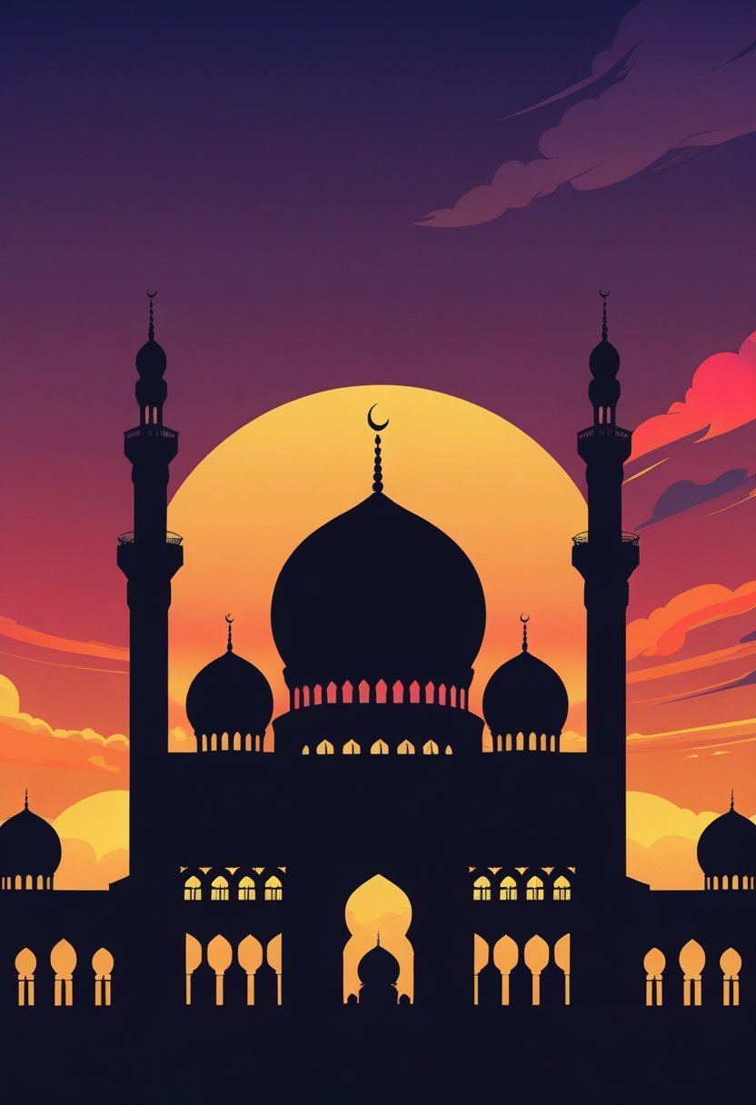 Silhouette of a mosque with domes and minarets against a colorful sunset sky.